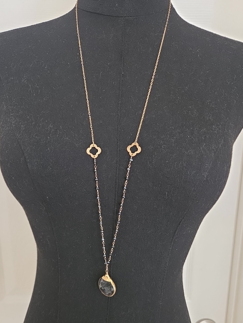 Mixed Metal And Gold Toned Clover Station Necklace with Black Stone Pendant